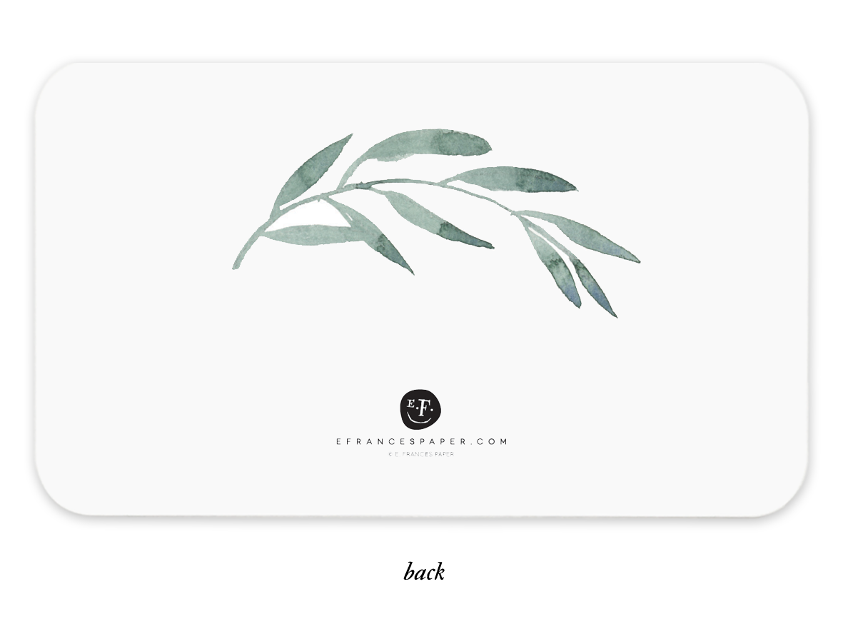 Watercolor green leaf branch on white background with E Frances Paper logo