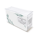 Clear plastic box containing E Frances little notes with green leaf illustrations