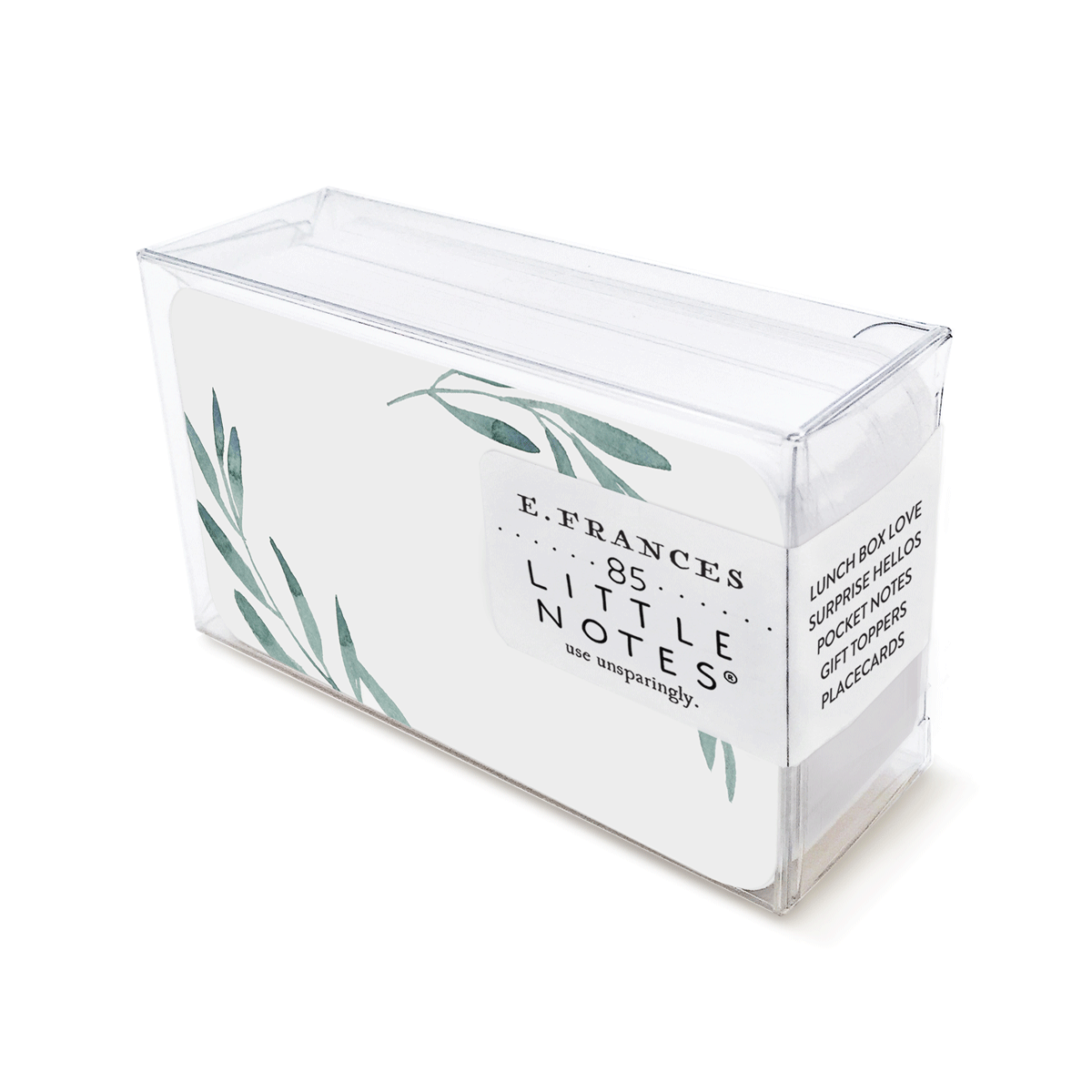Clear plastic box containing E Frances little notes with green leaf illustrations