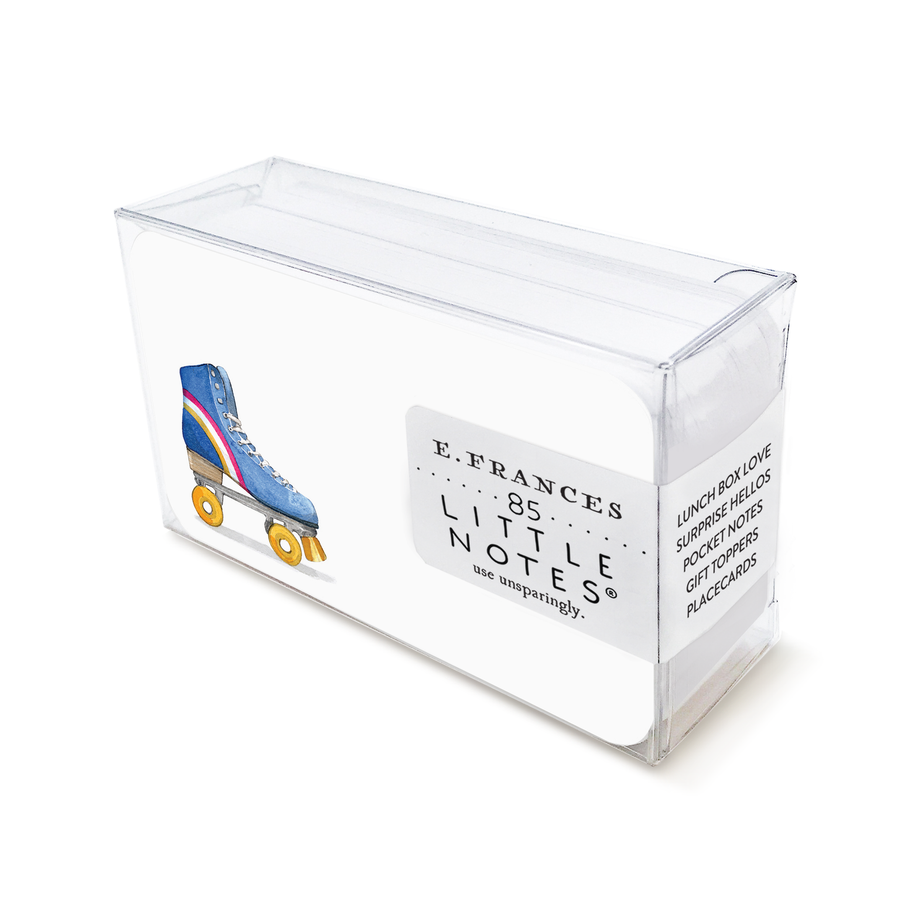 Clear plastic box containing E Frances Little Notes stationery with a roller skate illustration