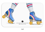 Watercolor illustration of legs wearing striped socks and blue roller skates with yellow wheels