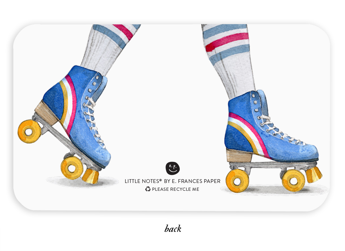 Watercolor illustration of legs wearing striped socks and blue roller skates with yellow wheels