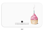 Watercolor illustration of a cupcake with a lit candle on a white background with E Frances Paper branding