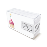 Clear plastic box containing E Frances Little Notes stationery with a cupcake illustration
