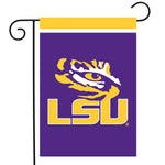 Digital graphic of an LSU brand garden flag featuring the iconic yellow tiger head logo and bold LSU lettering on a purple background with a gold top stripe hanging from a decorative black metal pole