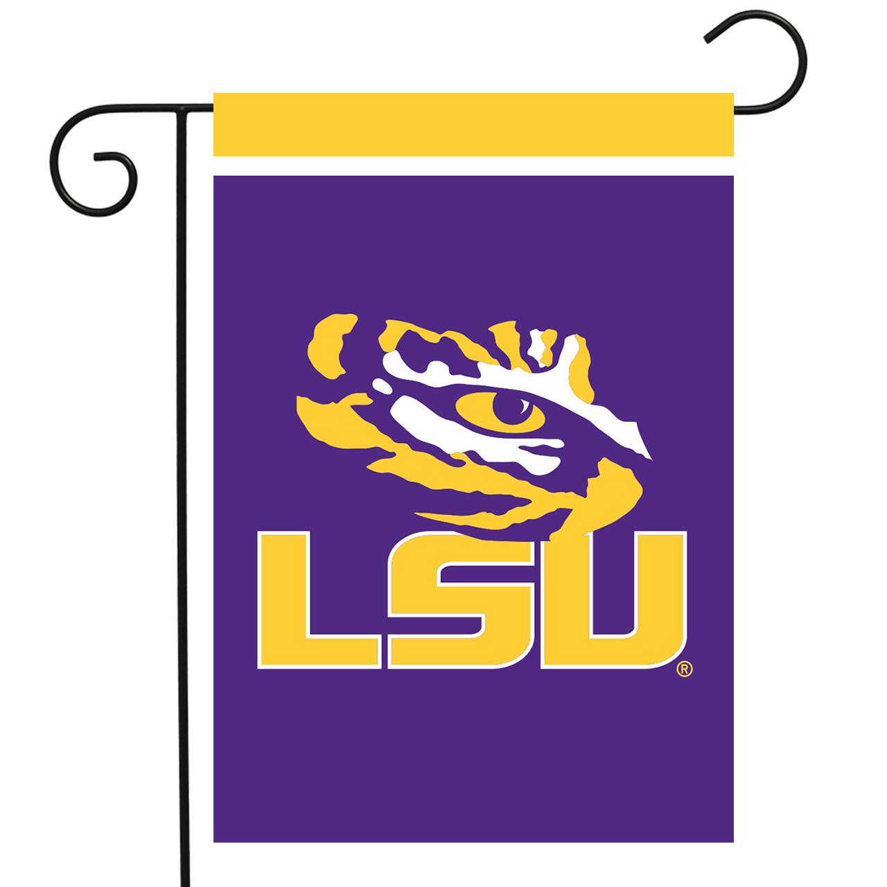 Digital graphic of an LSU brand garden flag featuring the iconic yellow tiger head logo and bold LSU lettering on a purple background with a gold top stripe hanging from a decorative black metal pole