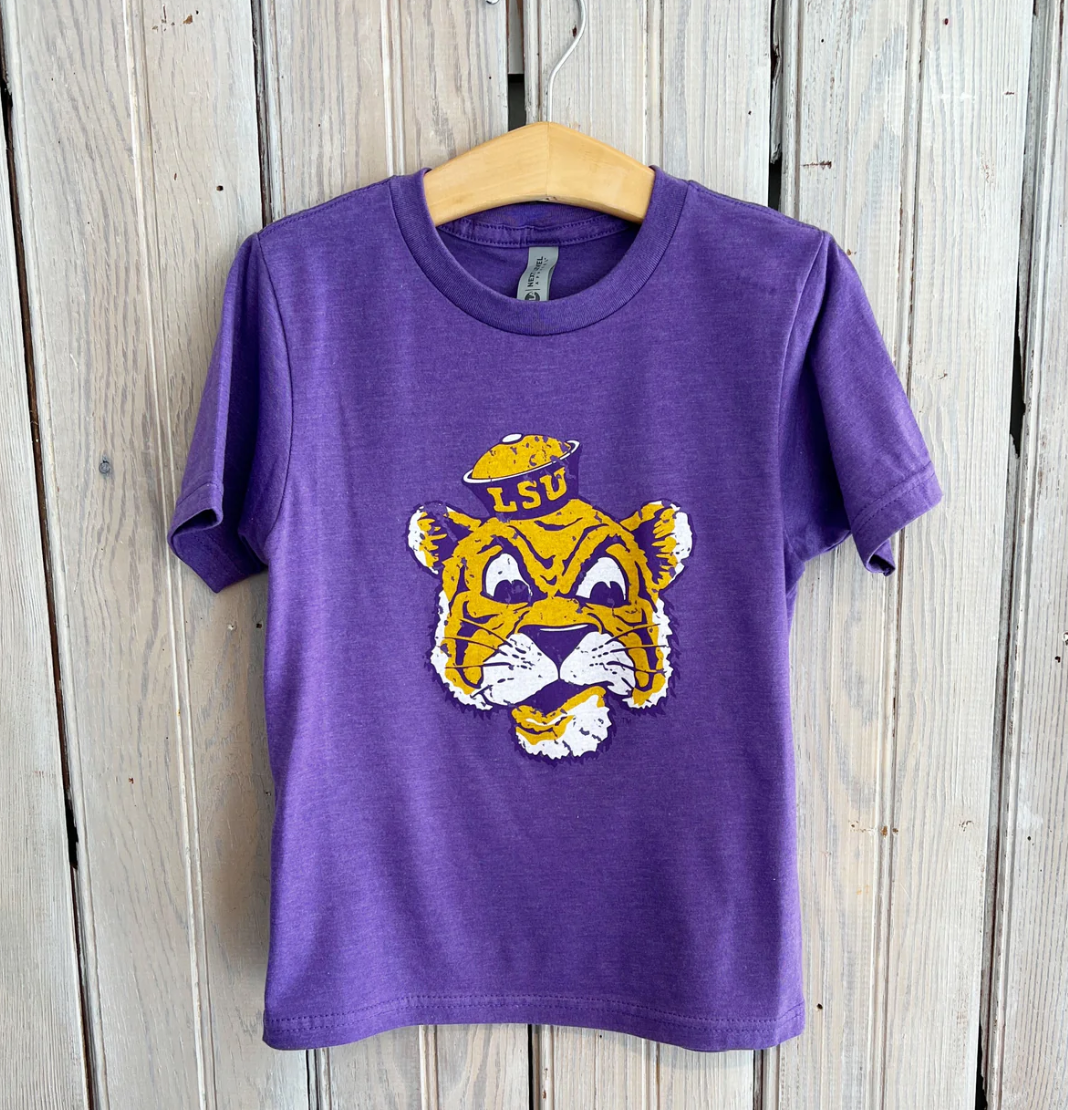 Purple short sleeve t-shirt with LSU tiger mascot graphic