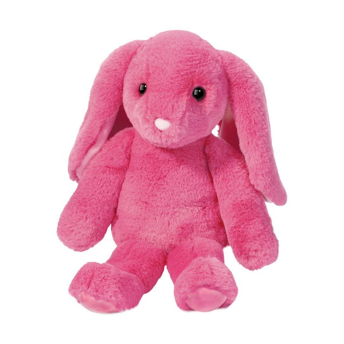 Photograph of a vibrant pink plush bunny with long floppy ears, tiny black bead eyes, and a small pink nose sitting on a white background