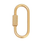 Gold-tone elongated oval screw lock carabiner featuring a textured knurled barrel
