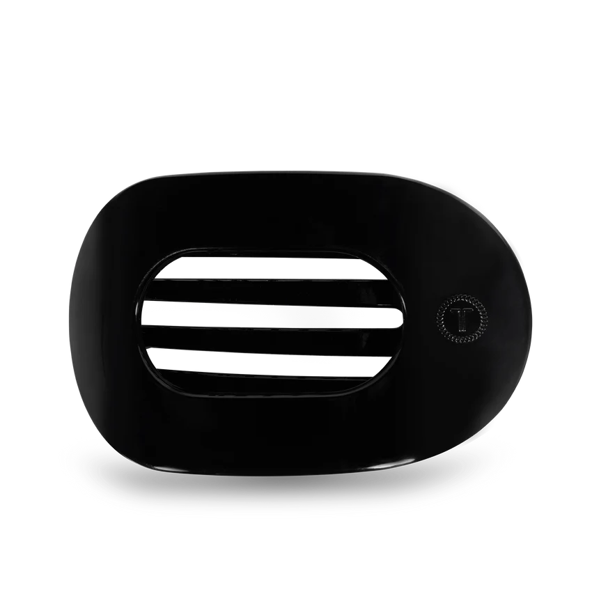 Black glossy oval automotive vent with horizontal slats and a circular T logo emblem