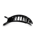 Black glossy plastic hair claw clip with a curved design and segmented teeth on a black background