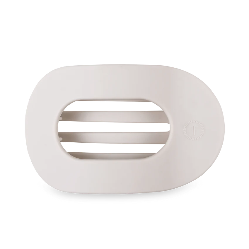 A minimalist white oval ventilation grate featuring three horizontal slats and a subtle embossed circular T logo