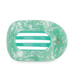 Mint green inflatable pool float with a mother-of-pearl patterned exterior and two aqua crossbars inside featuring a small gold logo