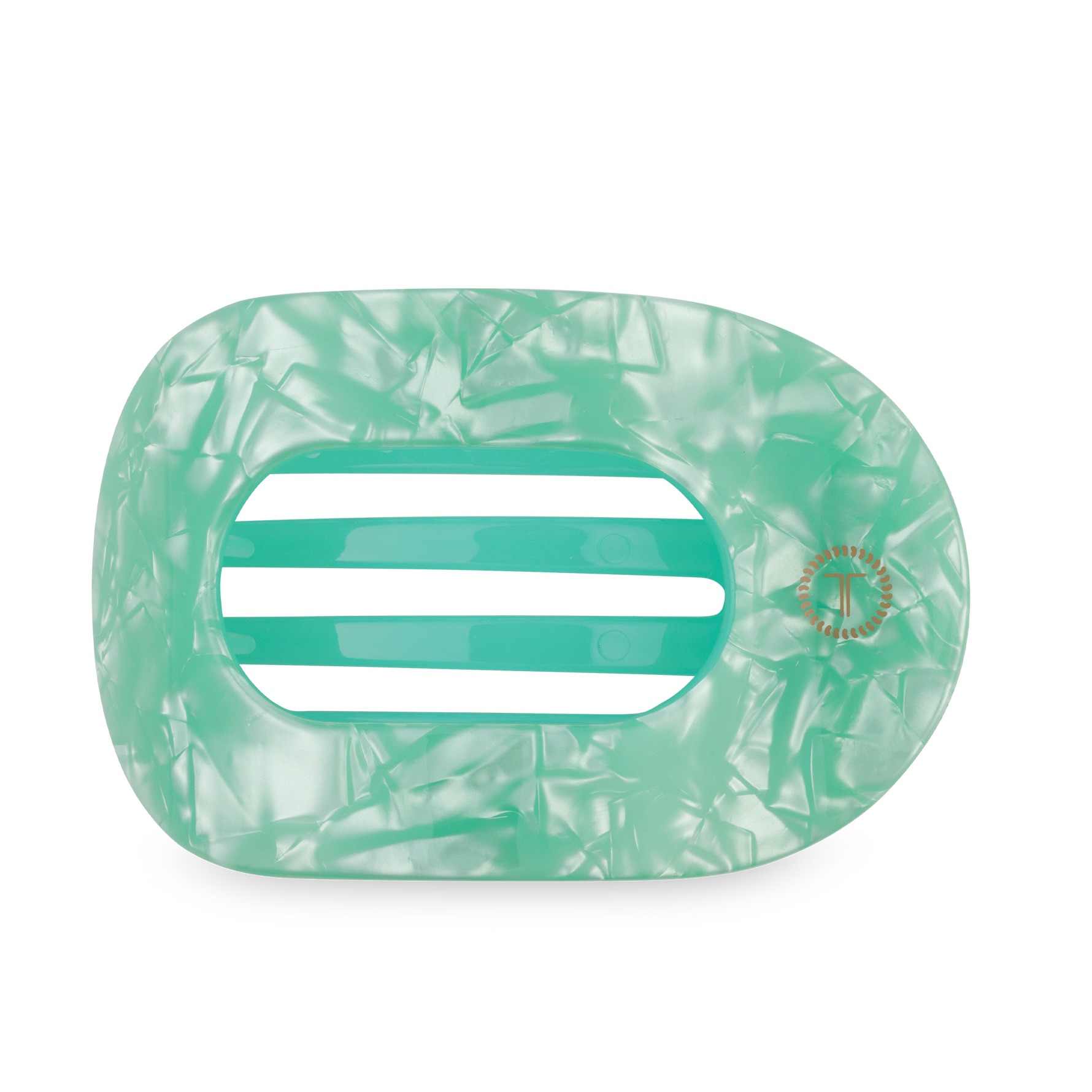Mint green inflatable pool float with a mother-of-pearl patterned exterior and two aqua crossbars inside featuring a small gold logo