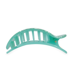 A translucent seafoam green plastic hair claw clip with a spring-loaded mechanism, interlocking teeth, and a gold-toned pivot pin on a plain white background