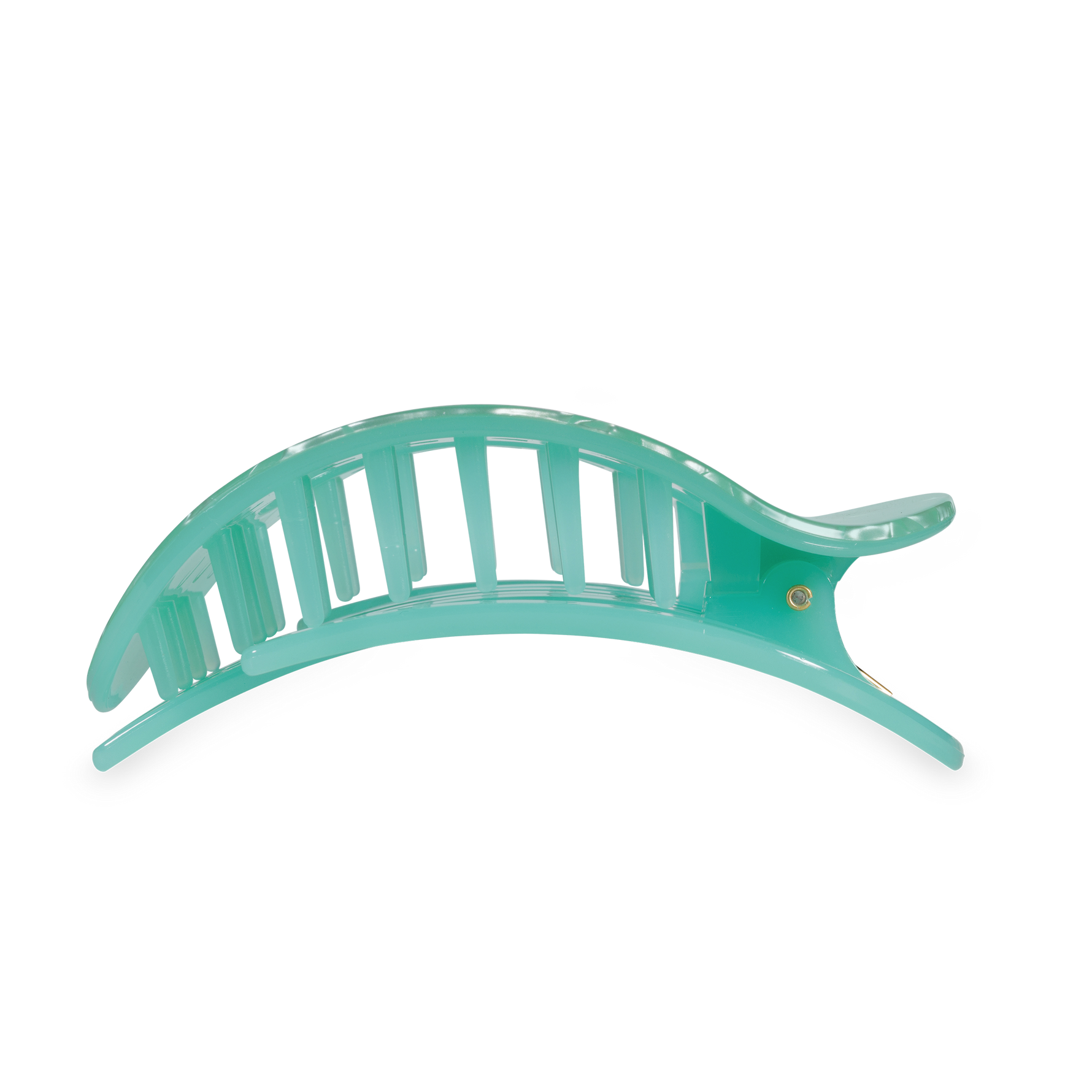 A translucent seafoam green plastic hair claw clip with a spring-loaded mechanism, interlocking teeth, and a gold-toned pivot pin on a plain white background