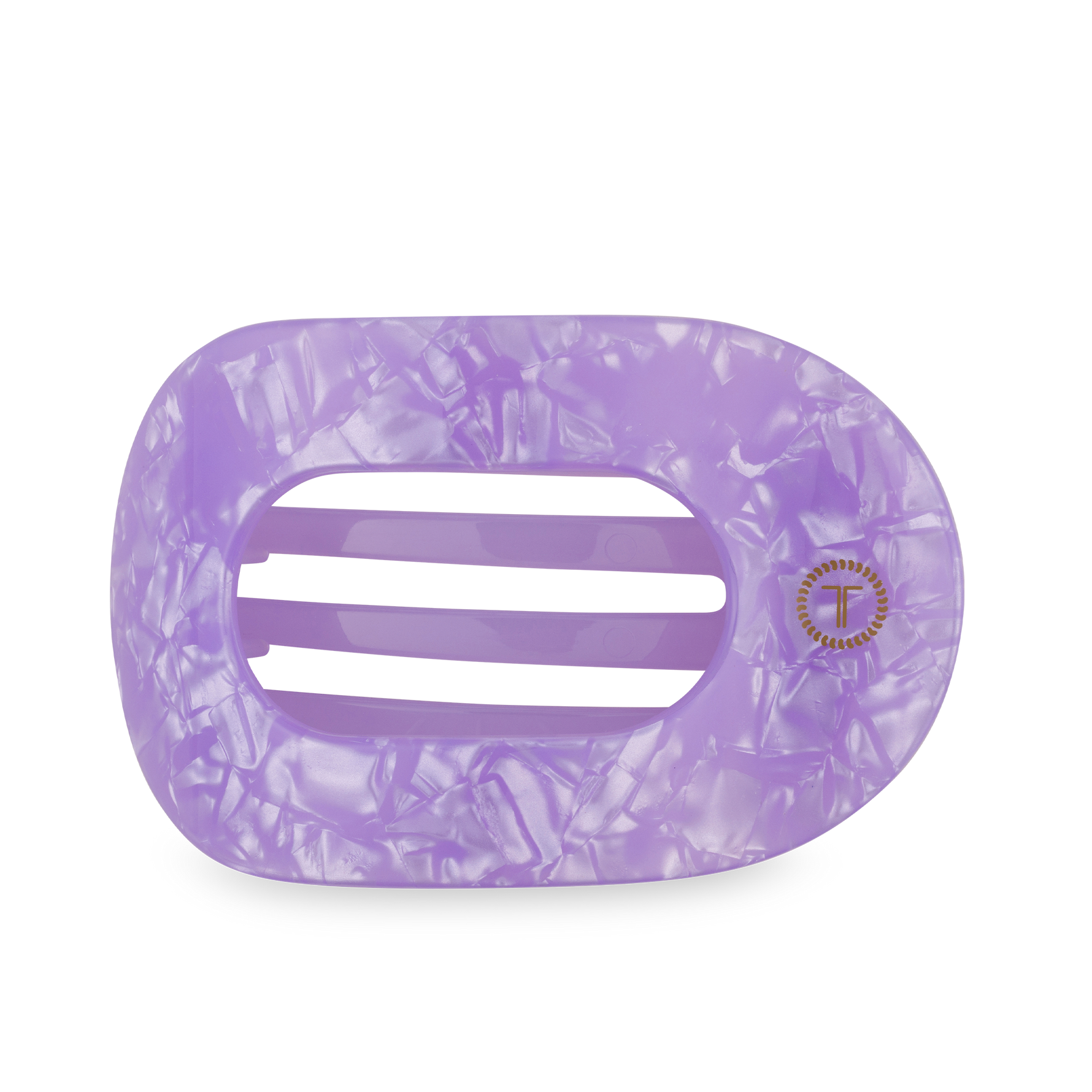 Lavender acetate oval hair clip featuring a marbled iridescent finish, visible internal grippers, and a distinct gold T-logo emblem