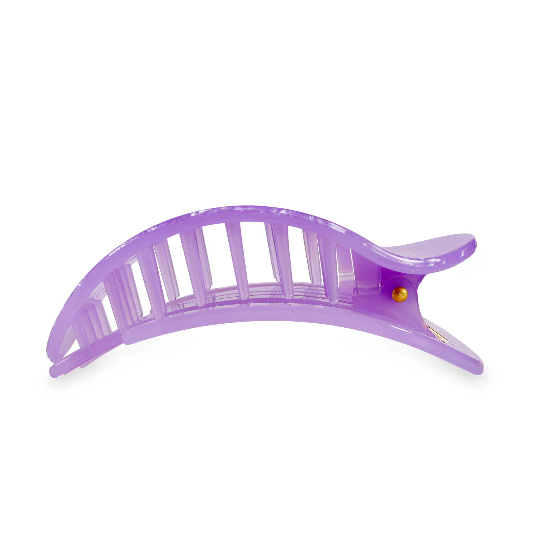 Translucent plastic hair accessory a light purple claw clip with a golden pivot and an arched design featuring interlocking teeth