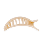 A pale translucent beige hair claw clip featuring a curved slatted design and a small gold-colored pivot pin