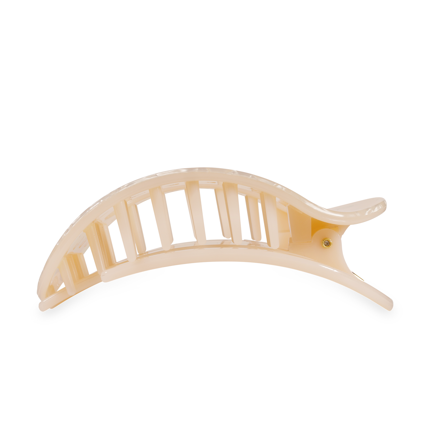 A pale translucent beige hair claw clip featuring a curved slatted design and a small gold-colored pivot pin