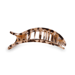 Acetate hair claw clip in a brown and beige leopard print with a curved open-claw design