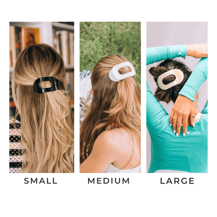Three women model small black, medium white, and large cream oval open hair clips in various hairstyles including a half-up, ponytail, and bun against diverse backgrounds like bookshelves, grass, and an athletic setting