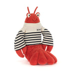 Plush toy by Jellycat depicting a cheerful red lobster wearing a cream and navy striped sailor shirt with the Jellycat logo