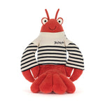 Plush toy by Jellycat, a vibrant red lobster plush toy on a white background wearing a classic cream and navy striped Breton shirt with "Jellycat" embroidered, featuring prominent eyes and a cheerful stitched smile