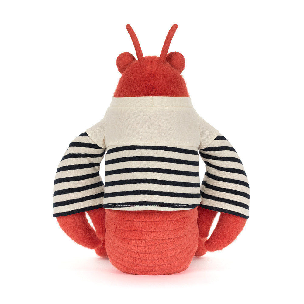 Plush toy red lobster with antennae wearing a cream and navy striped long-sleeved shirt seen from the back