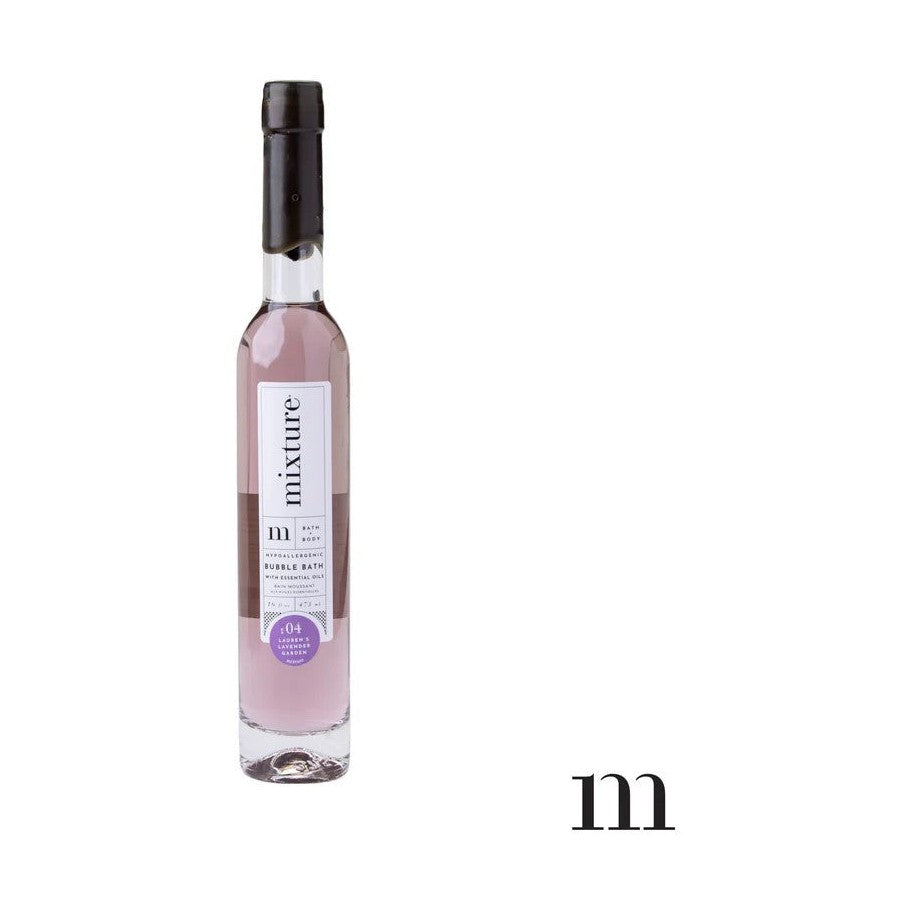 A Mixture brand hypoallergenic bath & body bubble bath bottle containing light purple lavender-scented liquid, featuring a black cap and a white label with black 'mixture' text on a plain white background