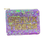 Sequined pouch featuring iridescent purple sequins, gold beaded GEAUX TIGERS text, and a gold zipper