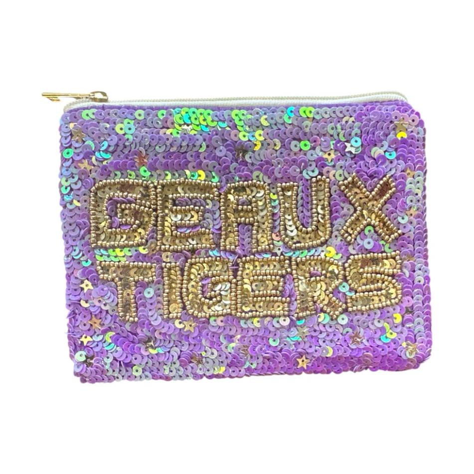 Sequined pouch featuring iridescent purple sequins, gold beaded GEAUX TIGERS text, and a gold zipper