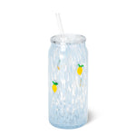 Blue speckled glass tumbler with yellow lemon decals and a clear glass straw