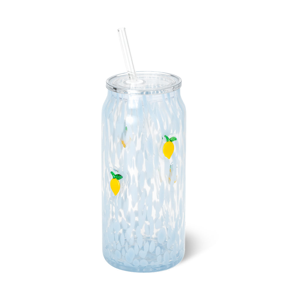 Blue speckled glass tumbler with yellow lemon decals and a clear glass straw