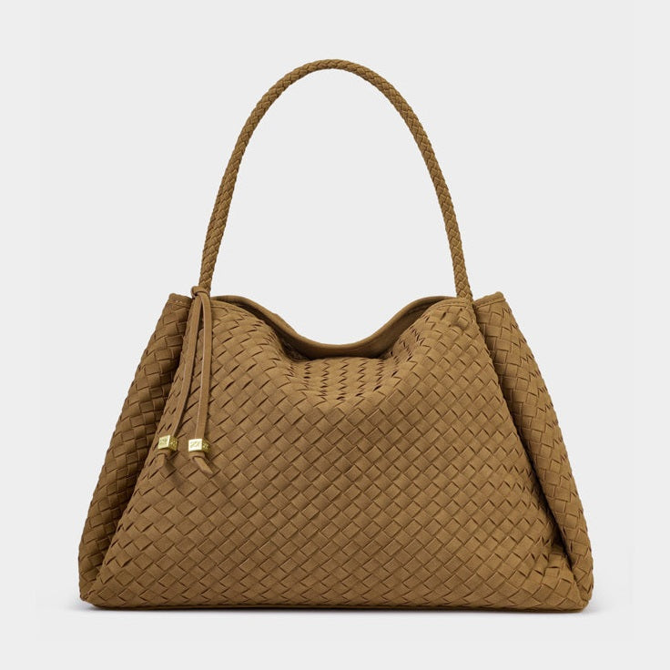 A camel woven leather shoulder bag with a braided top handle and decorative drawstrings featuring small gold hardware details