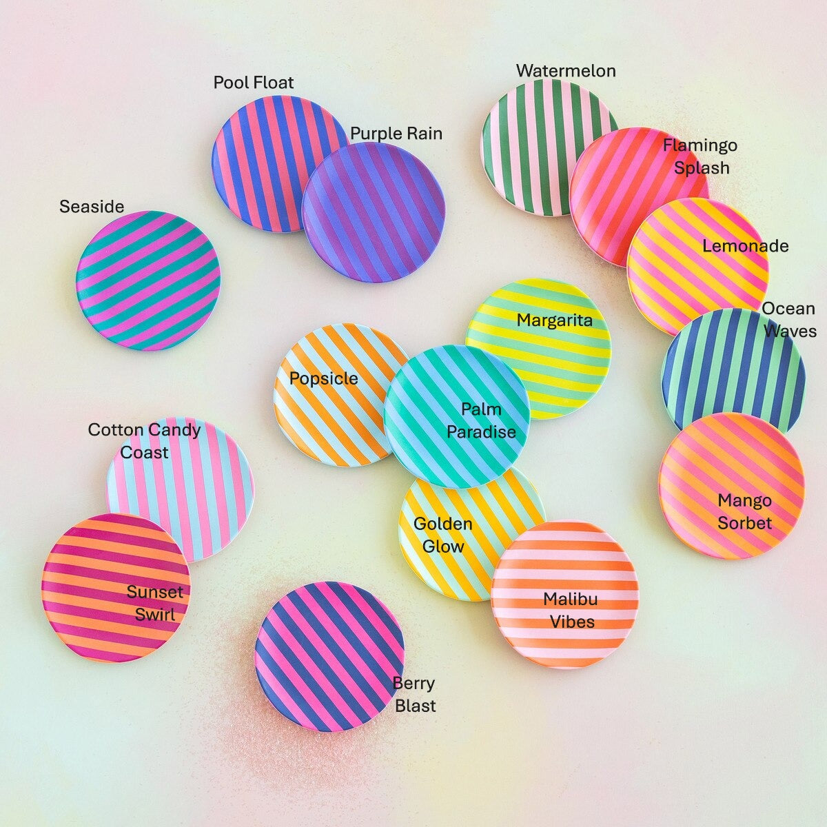 Collection of round plates with colorful striped patterns labeled with names like Pool Float and Watermelon