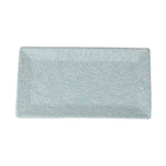 Light blue rectangular serving platter featuring an embossed botanical pattern of leaves and small flowers