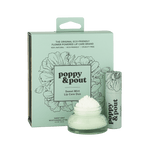 Poppy & Pout Sweet Mint Lip Care Duo product photo features a light mint green box with poppy line art, a clear glass jar of lip balm with white product piled on top, and a matching cylindrical lip balm stick on a dark green background