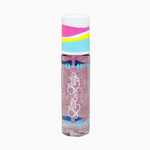 Little Lady Lip Roller lip gloss bottle on a white background, featuring a striped cap with pink, yellow, and light blue, a clear container filled with shimmering purple liquid, and a white script logo with blue geometric patterns