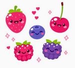 Cartoon illustration of a strawberry blueberry cherry raspberry and blackberry with smiling faces and hearts