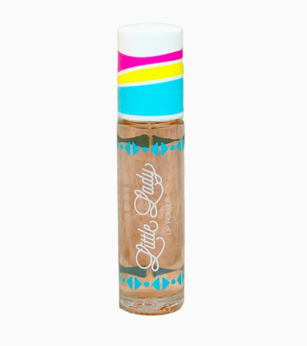 Little Lady lip roller with a clear tube and a colorful cap featuring pink yellow and blue stripes