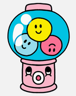 Cartoon gumball machine with three smiley face gumballs inside