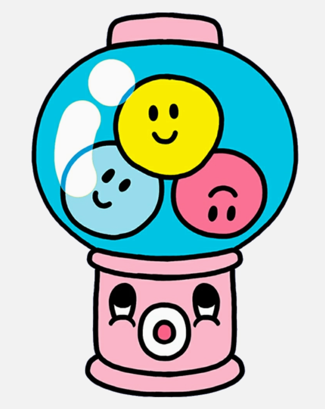 Cartoon gumball machine with three smiley face gumballs inside