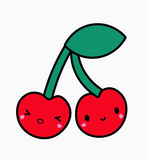 Cartoon illustration of two red cherries with smiling faces and green stems