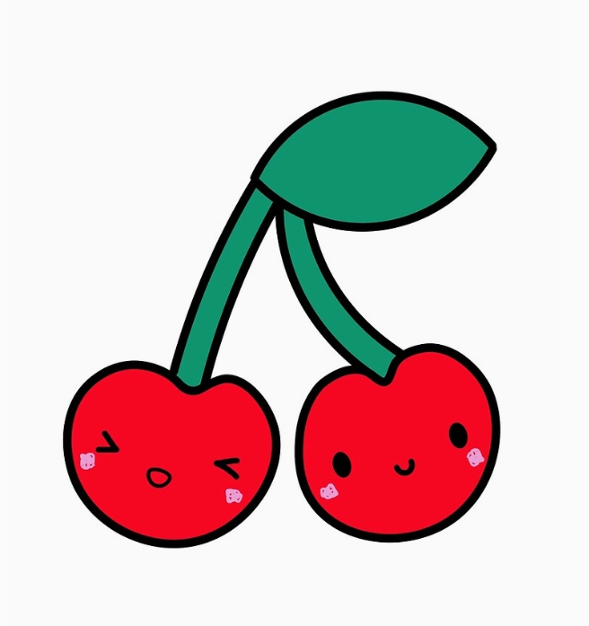 Cartoon illustration of two red cherries with smiling faces and green stems