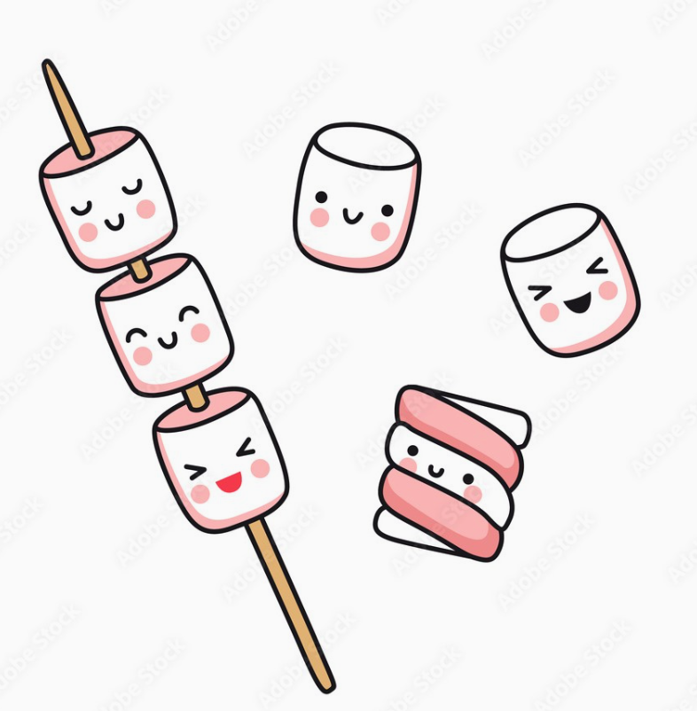 Digital illustration of cute pink and white marshmallows including three on a skewer with smiling faces, a twisted marshmallow, and two individual marshmallows with varied happy expressions
