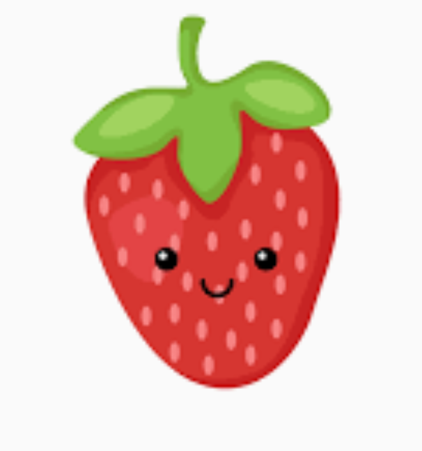 Digital illustration of a vibrant red kawaii strawberry with green stem and leaves a smiling face with black eyes and mouth and scattered light pink seeds on a white background
