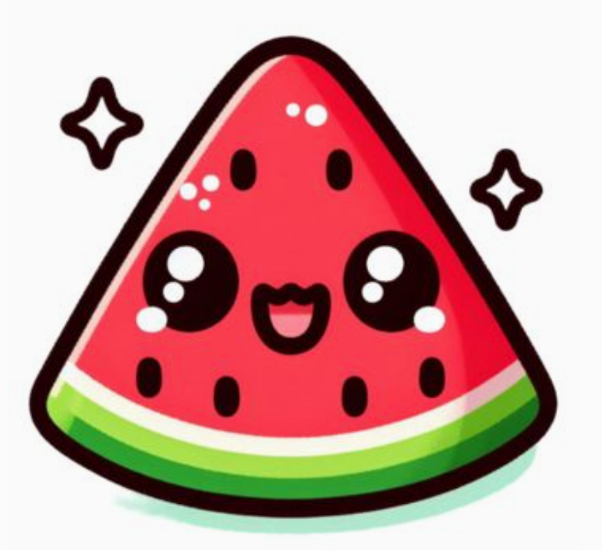 Digital illustration of a kawaii watermelon slice with big sparkling eyes an open smiling mouth black seeds and two shimmering star shapes