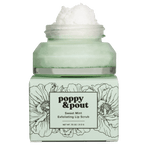 Poppy & Pout Sweet Mint Exfoliating Lip Scrub, a light green jar overflowing with white scrub, sits atop its matching box adorned with black poppy floral illustrations