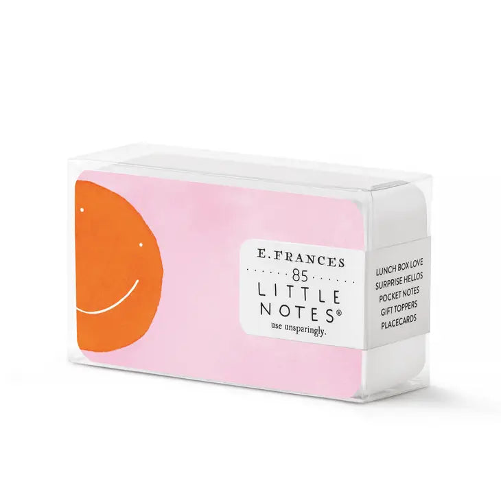 E. Frances Paper Little Notes box of 85 pink notecards featuring an orange smiling face design, clearly labeled with E. Frances Little Notes and listing uses including Lunch Box Love and Placecards
